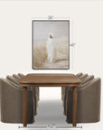 dining table with chairs and a framed picture on the wall, with measurements indicated. 