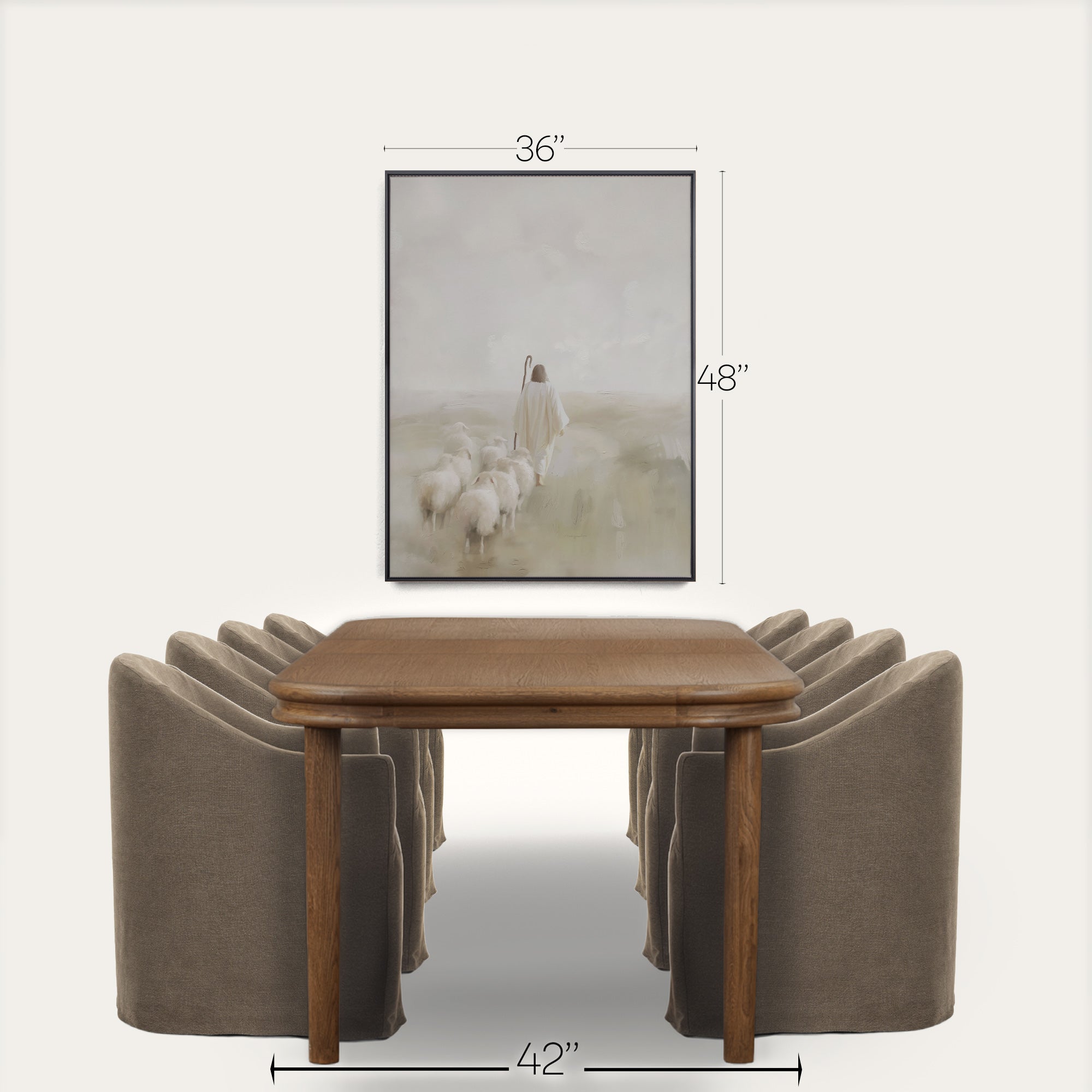 Dining table with chairs and a framed picture on the wall, with measurements indicated. 