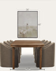 dining table with chairs and a framed picture on the wall, with measurements indicated. 