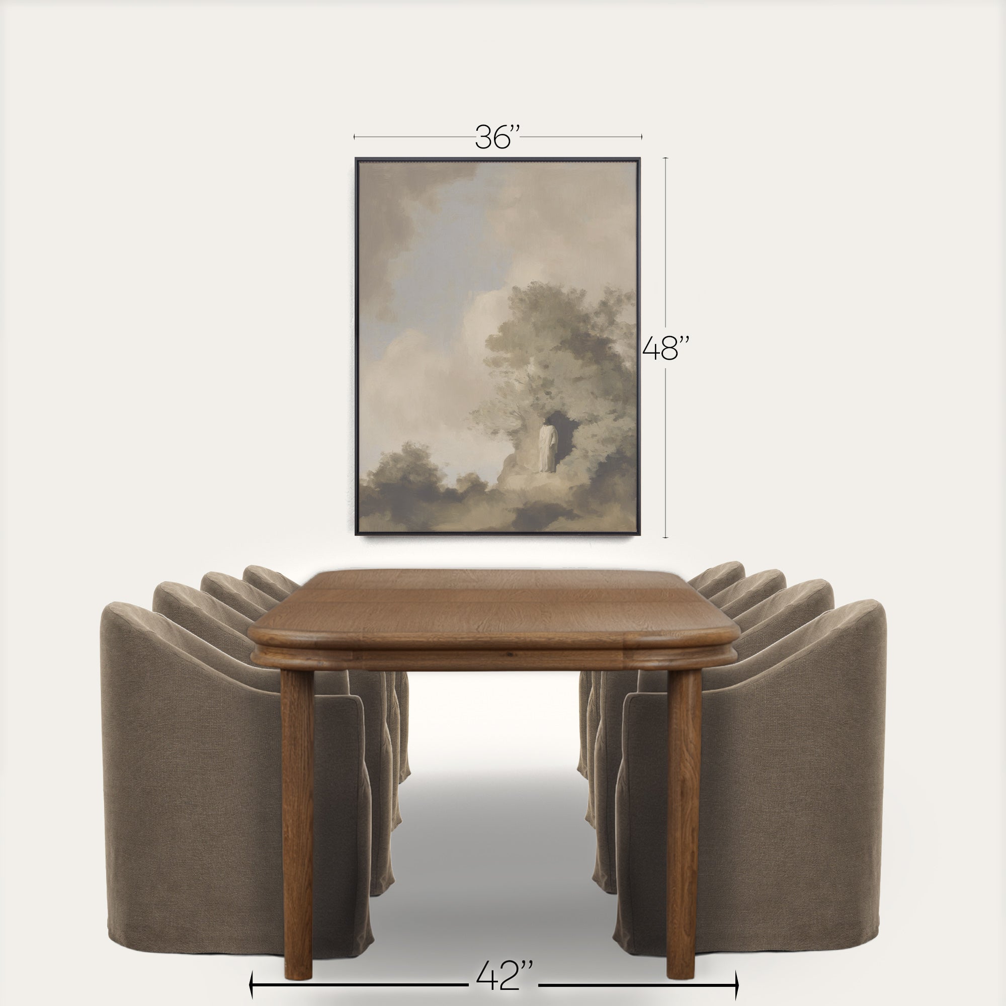 Wooden dining table with four gray chairs and a framed picture on the wall, with measurements indicated. 