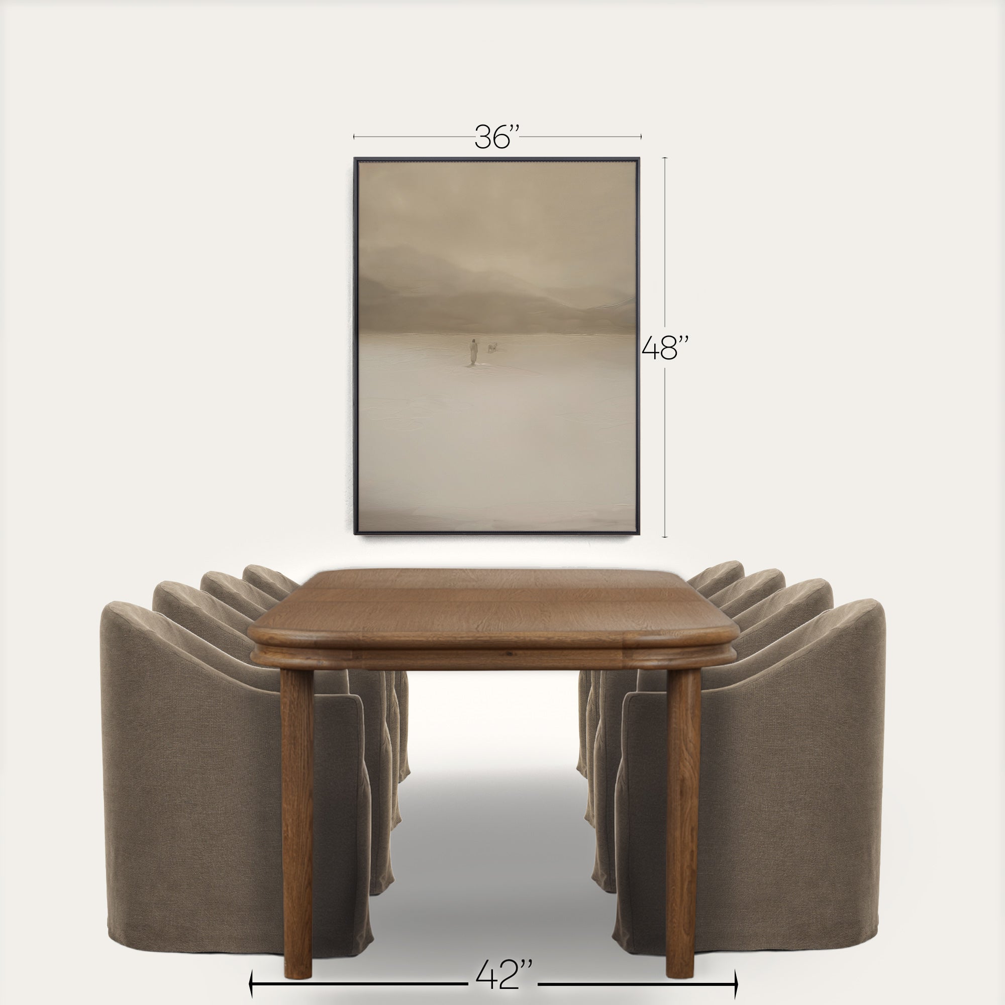 Dining table with chairs and a framed picture on a white background 