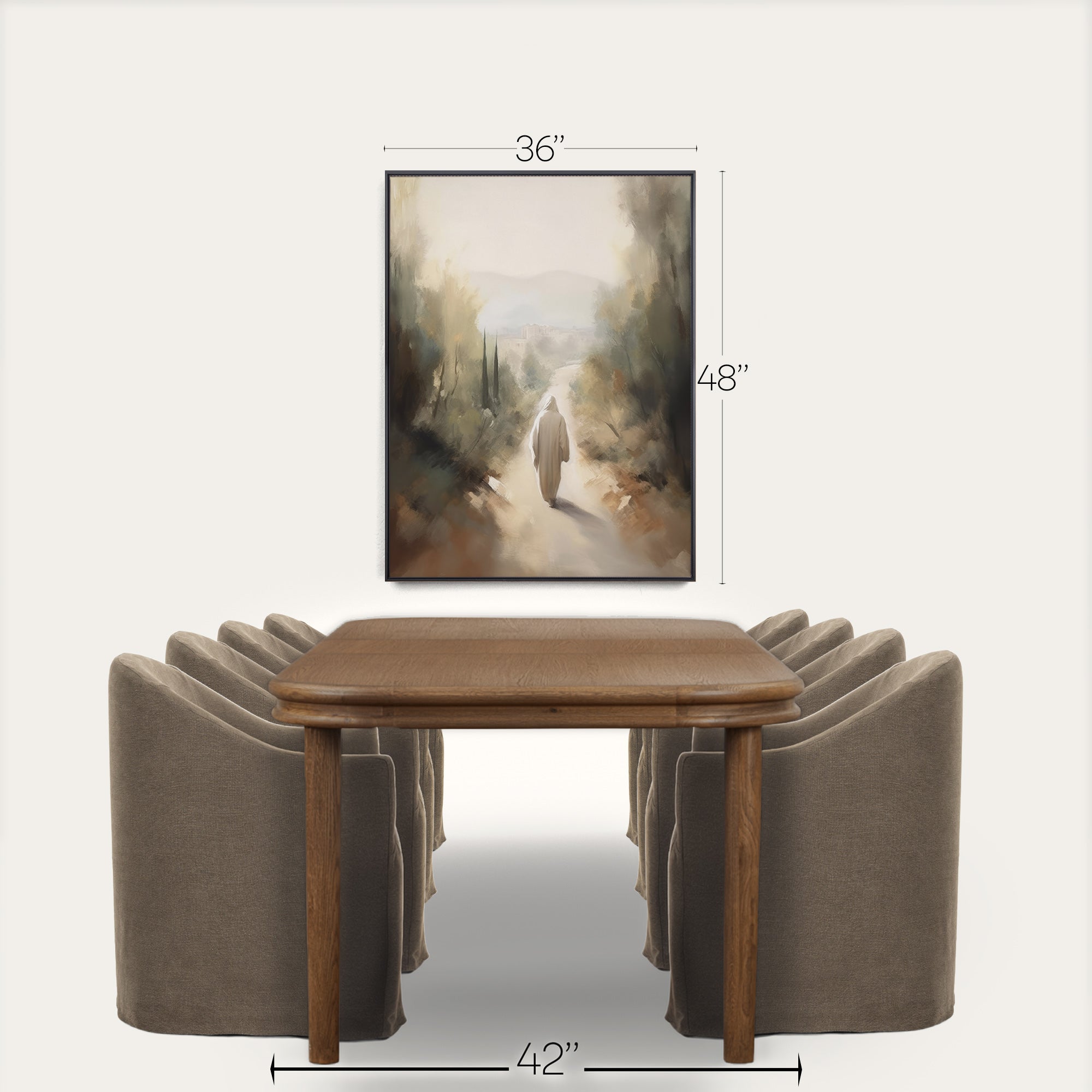 Dining table with chairs and a framed landscape painting on a white background 