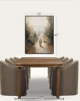 dining table with chairs and a framed landscape painting on a white background 