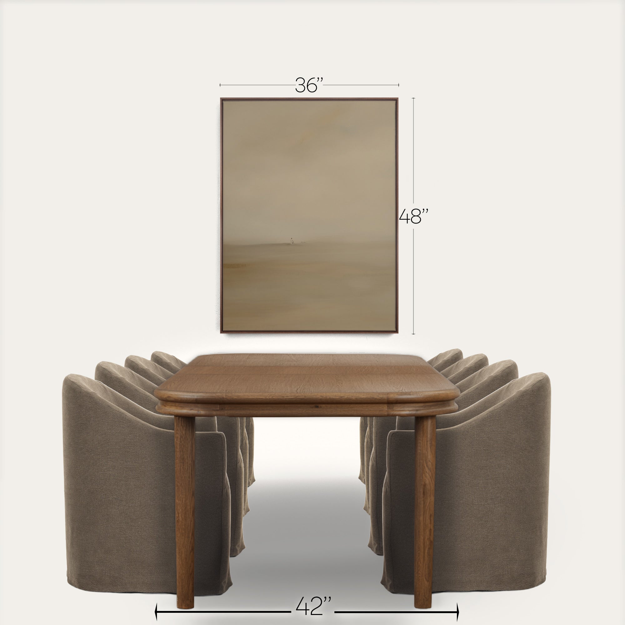 Dining table with chairs and dimensions labeled on a white background 