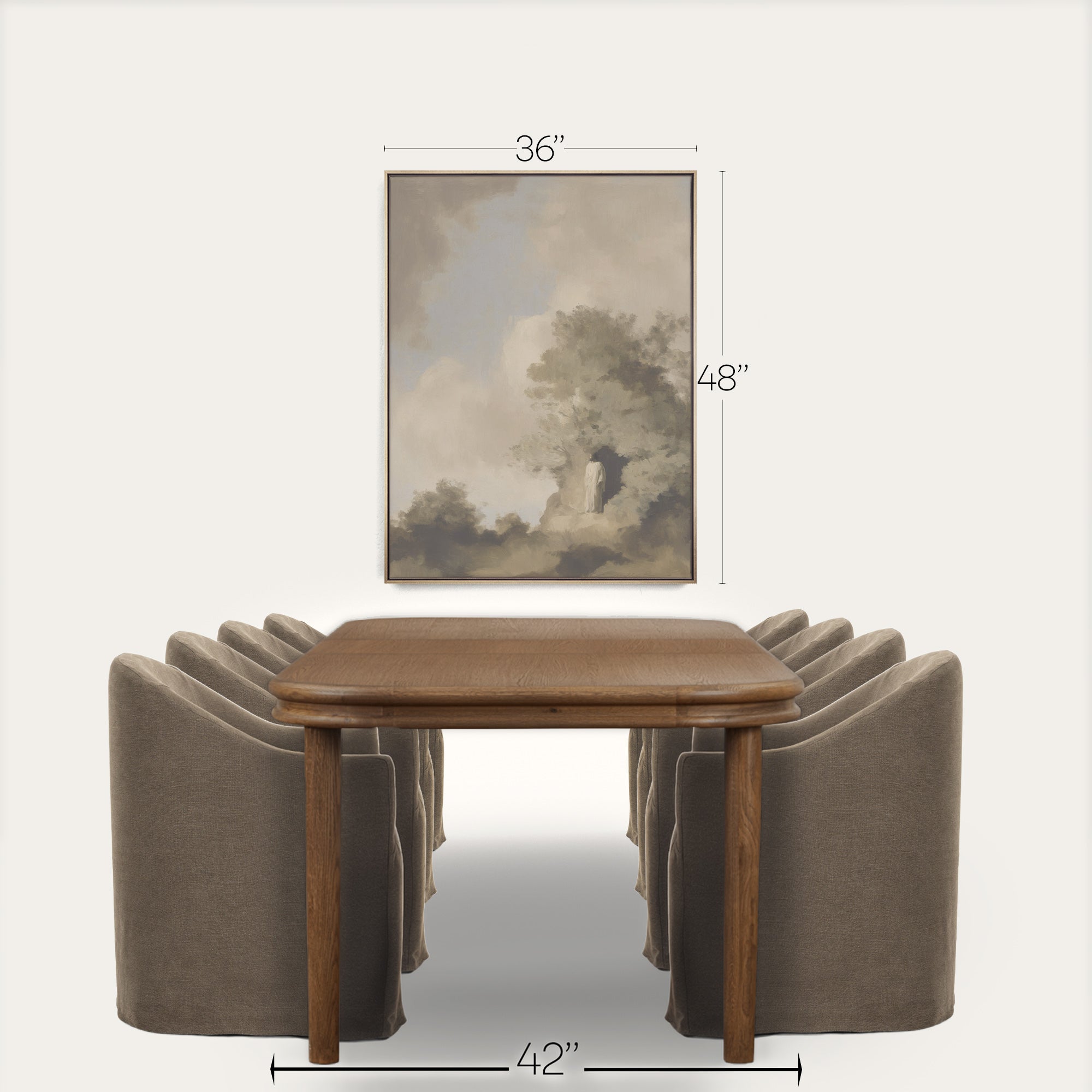 Wooden dining table with four gray chairs and a framed landscape painting on a white background 