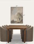 wooden dining table with four gray chairs and a framed landscape painting on a white background 