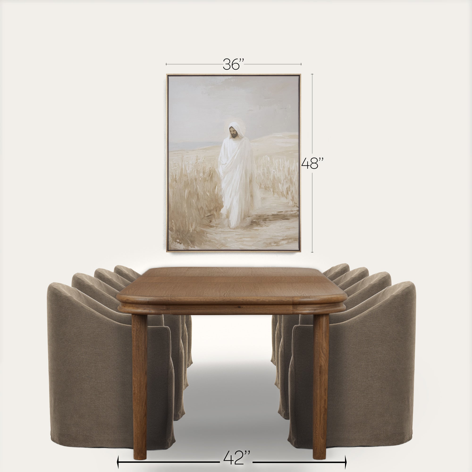 Dining room set with wooden table and gray chairs, featuring a framed artwork above. 