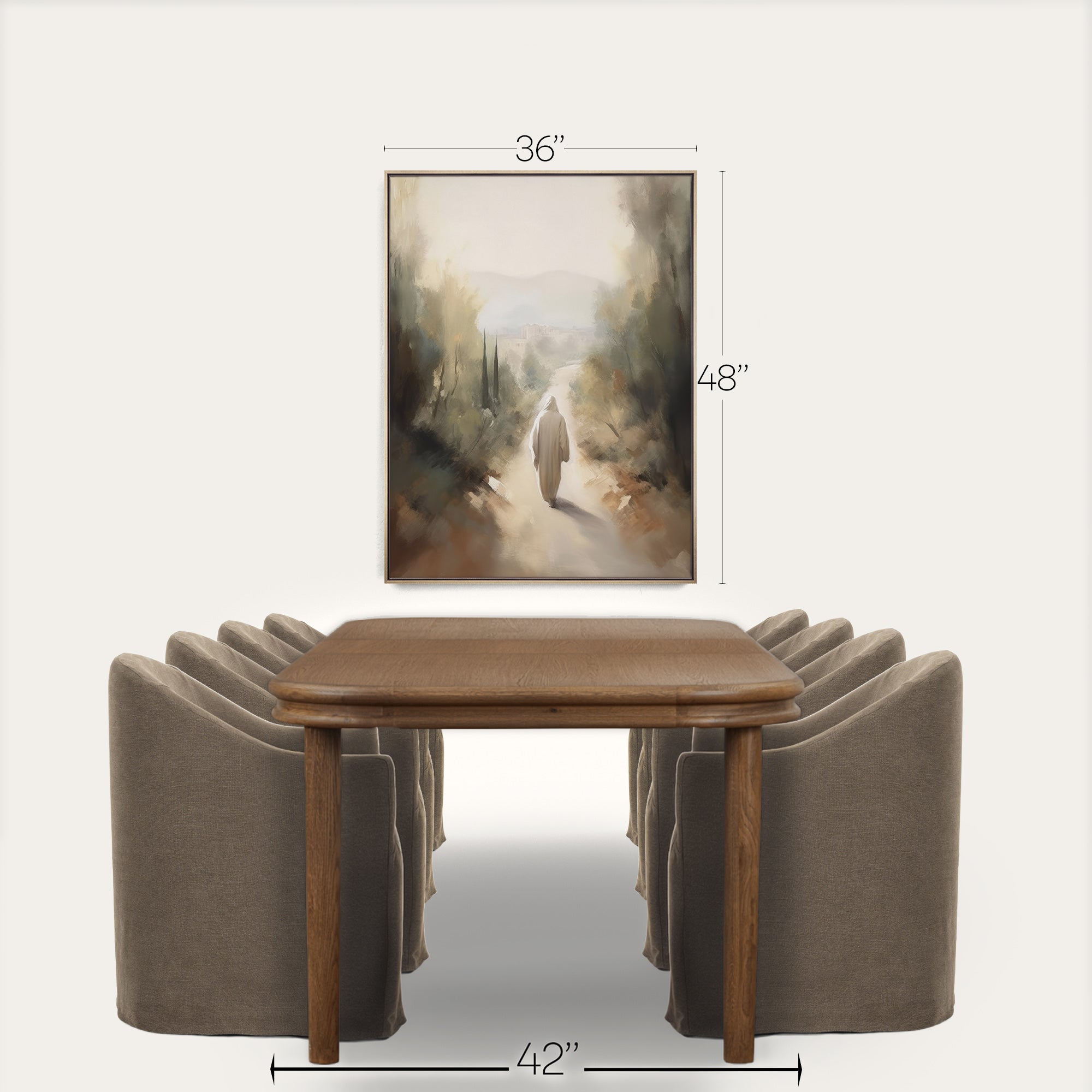 Dining room setup with a wooden table and gray chairs, featuring dimensions on a white background. 