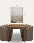 dining room set with wooden table and gray chairs, featuring dimensions on a white background. 
