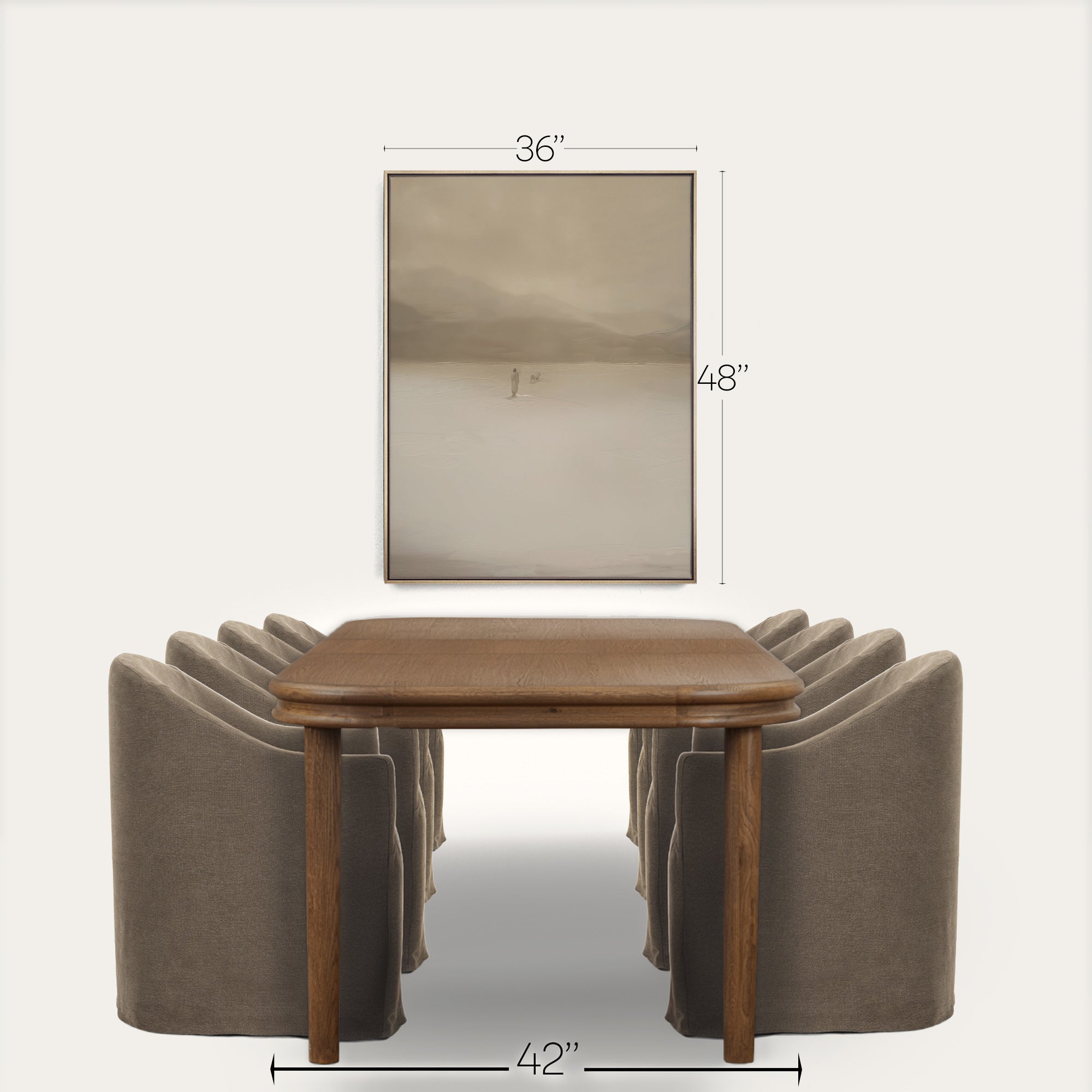 Dining table with chairs and measurements on a white background 