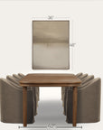 dining table with chairs and measurements on a white background 