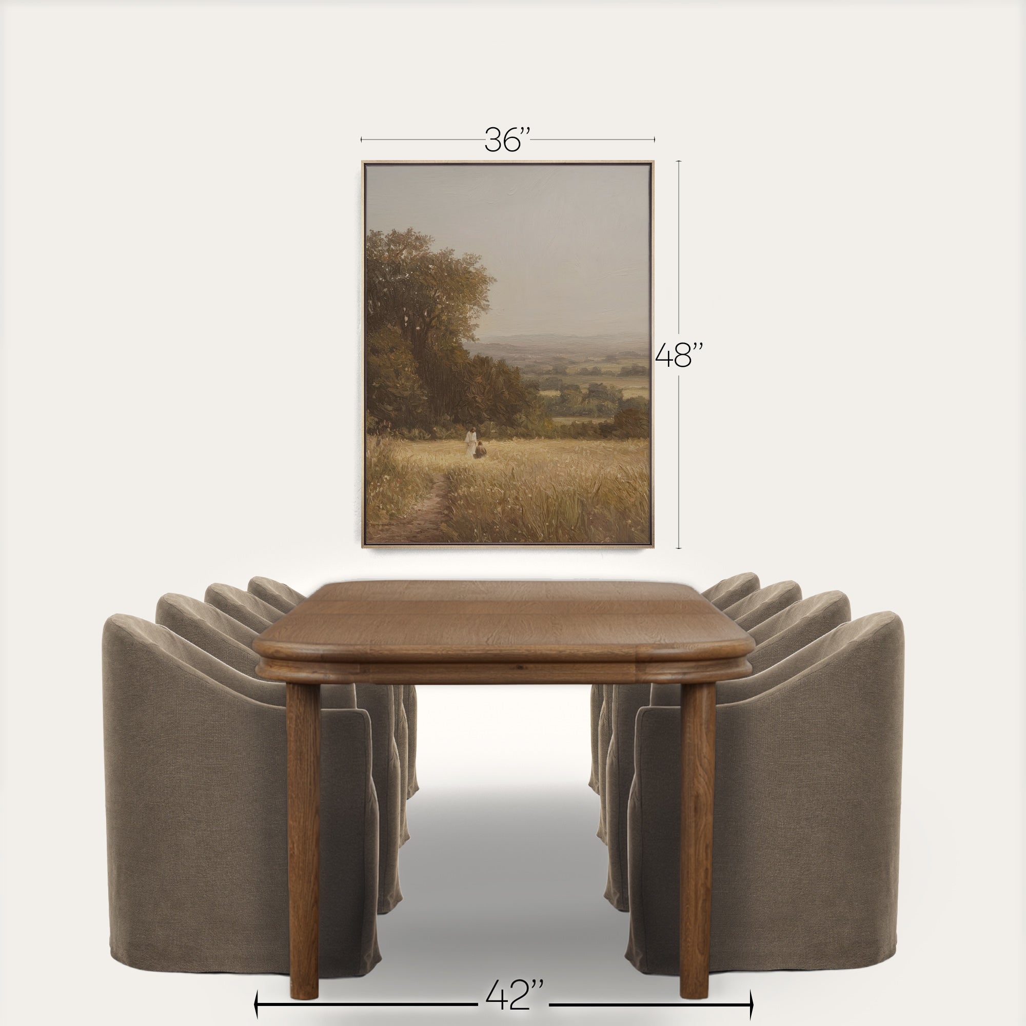 Dining table with chairs and a framed landscape picture on a white background 