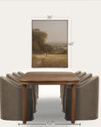 dining table with chairs and a framed landscape picture on a white background 