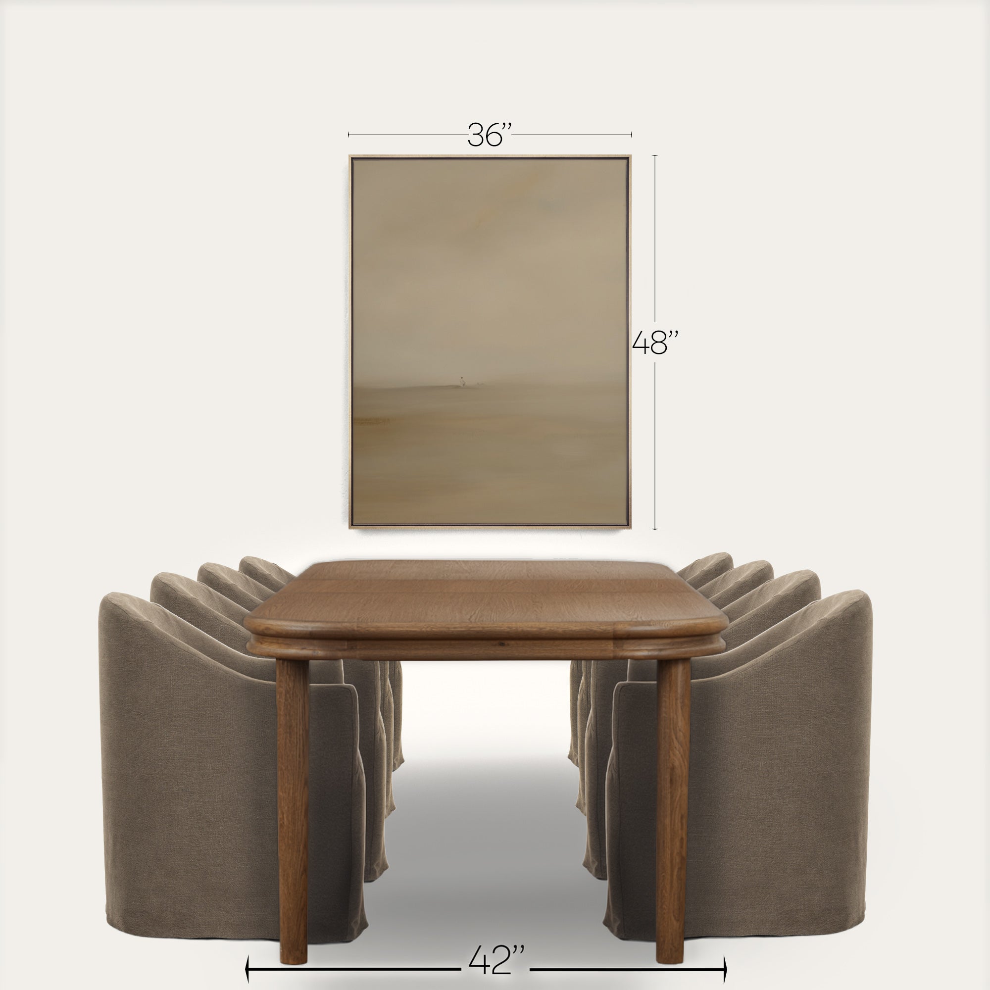 Dining table with chairs and dimensions labeled on a white background 