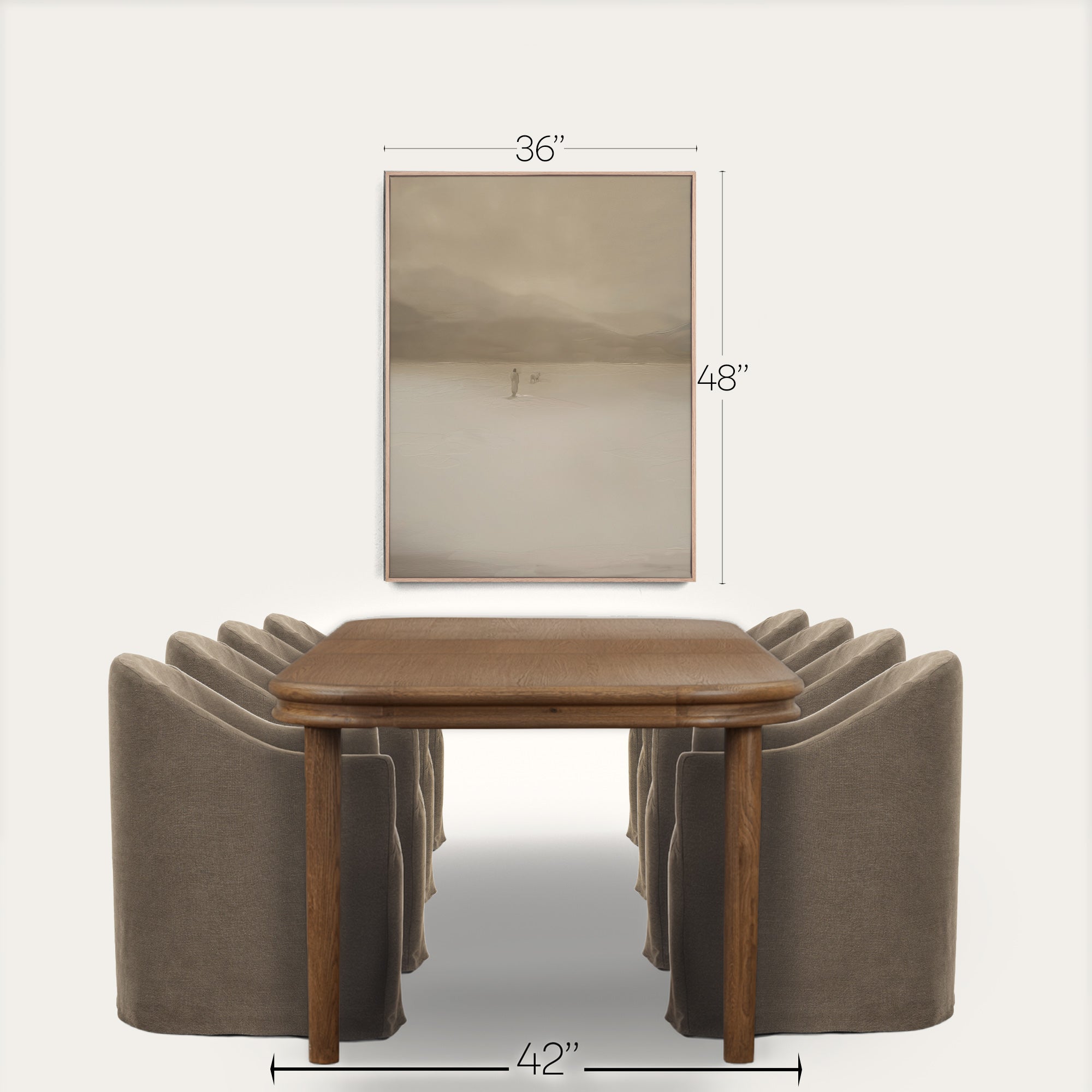Dining table with chairs and dimensions labeled on a white background 