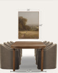 dining table with chairs and a framed landscape picture on a white background 