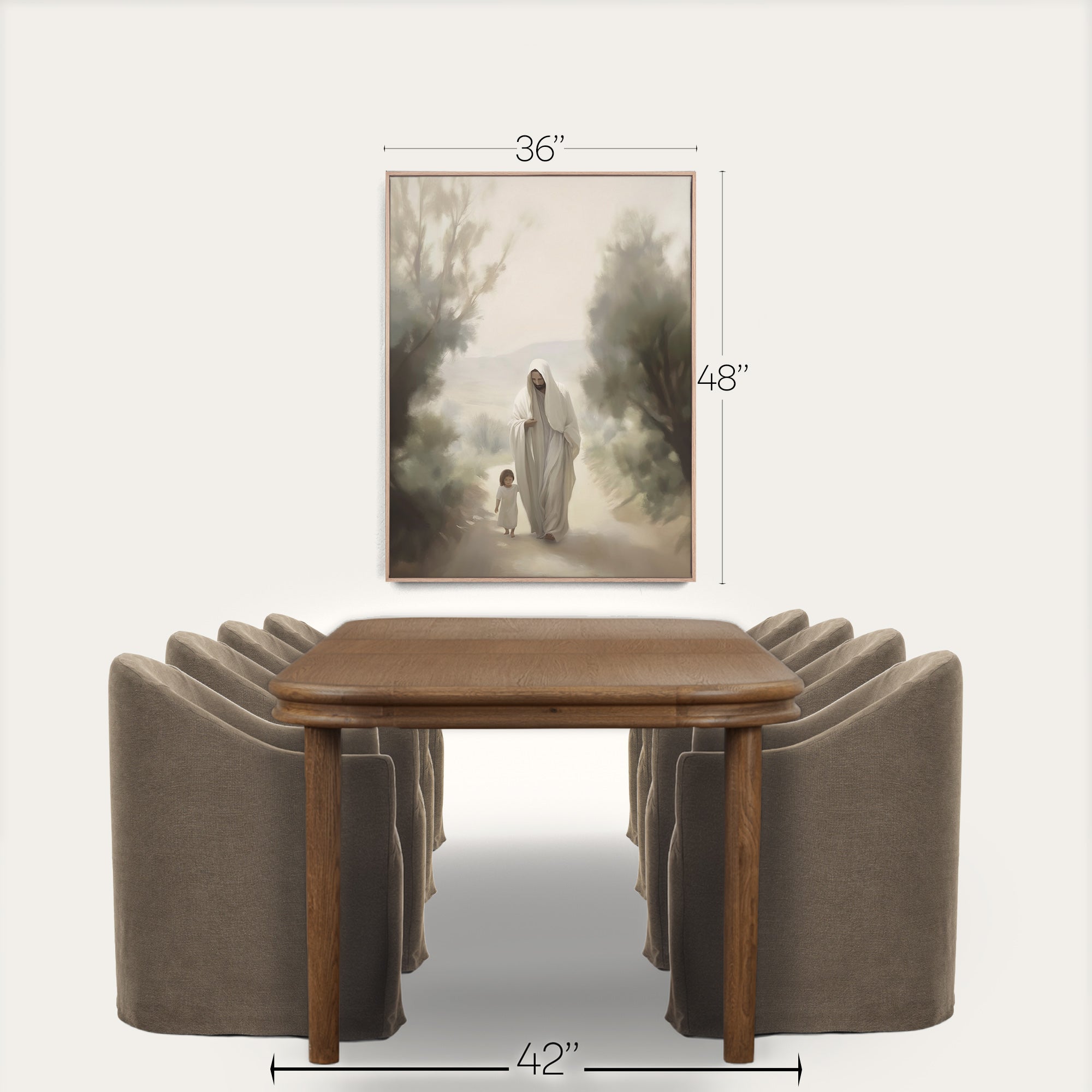 Dining room setup with a wooden table and gray chairs, featuring a framed artwork above. 