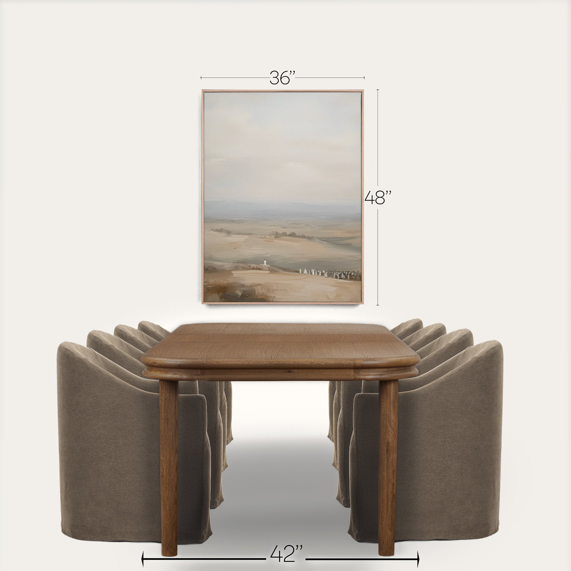 Dining table with chairs and a framed landscape painting on a white background 