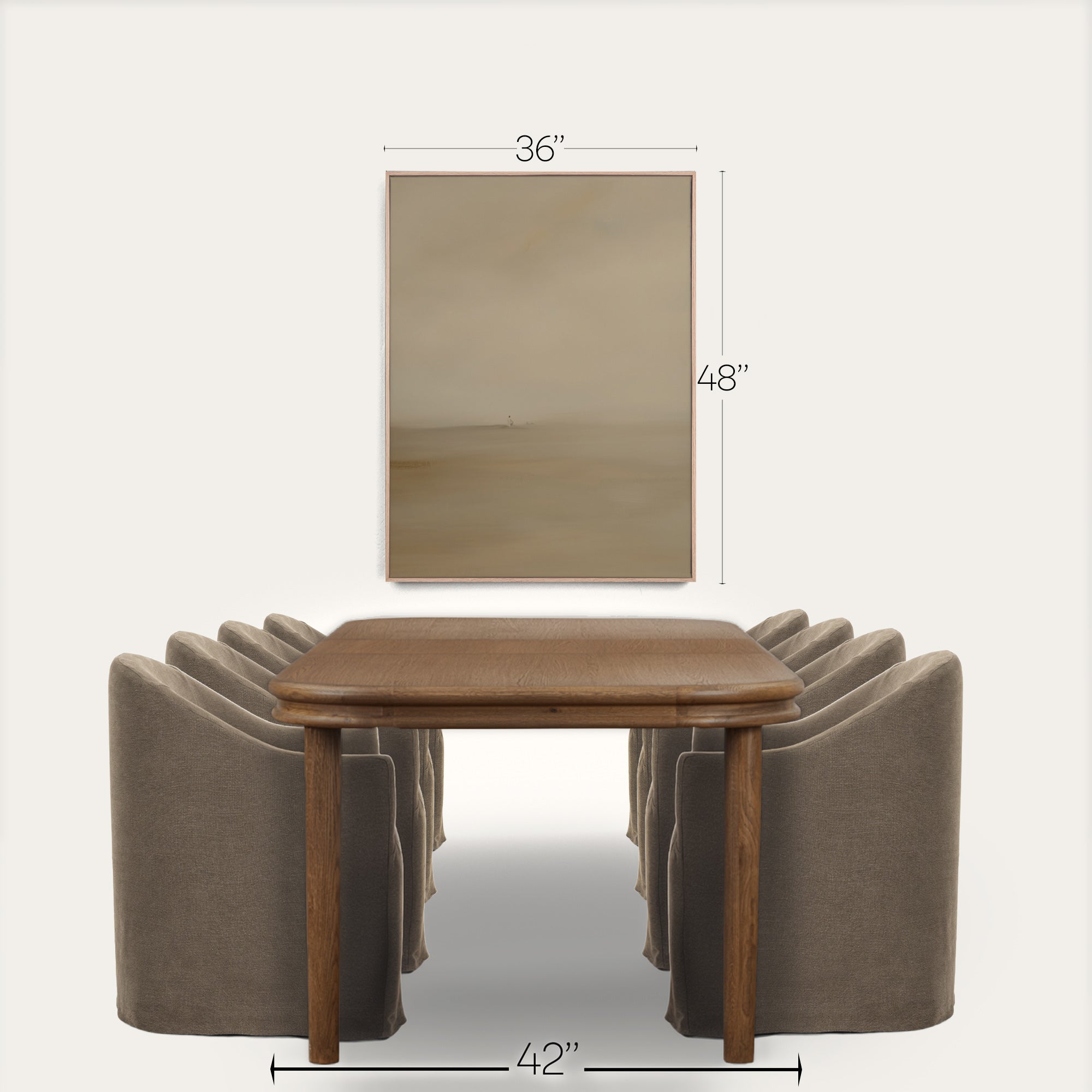 Dining table with chairs and dimensions labeled on a white background 