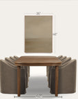 dining table with chairs and dimensions labeled on a white background 