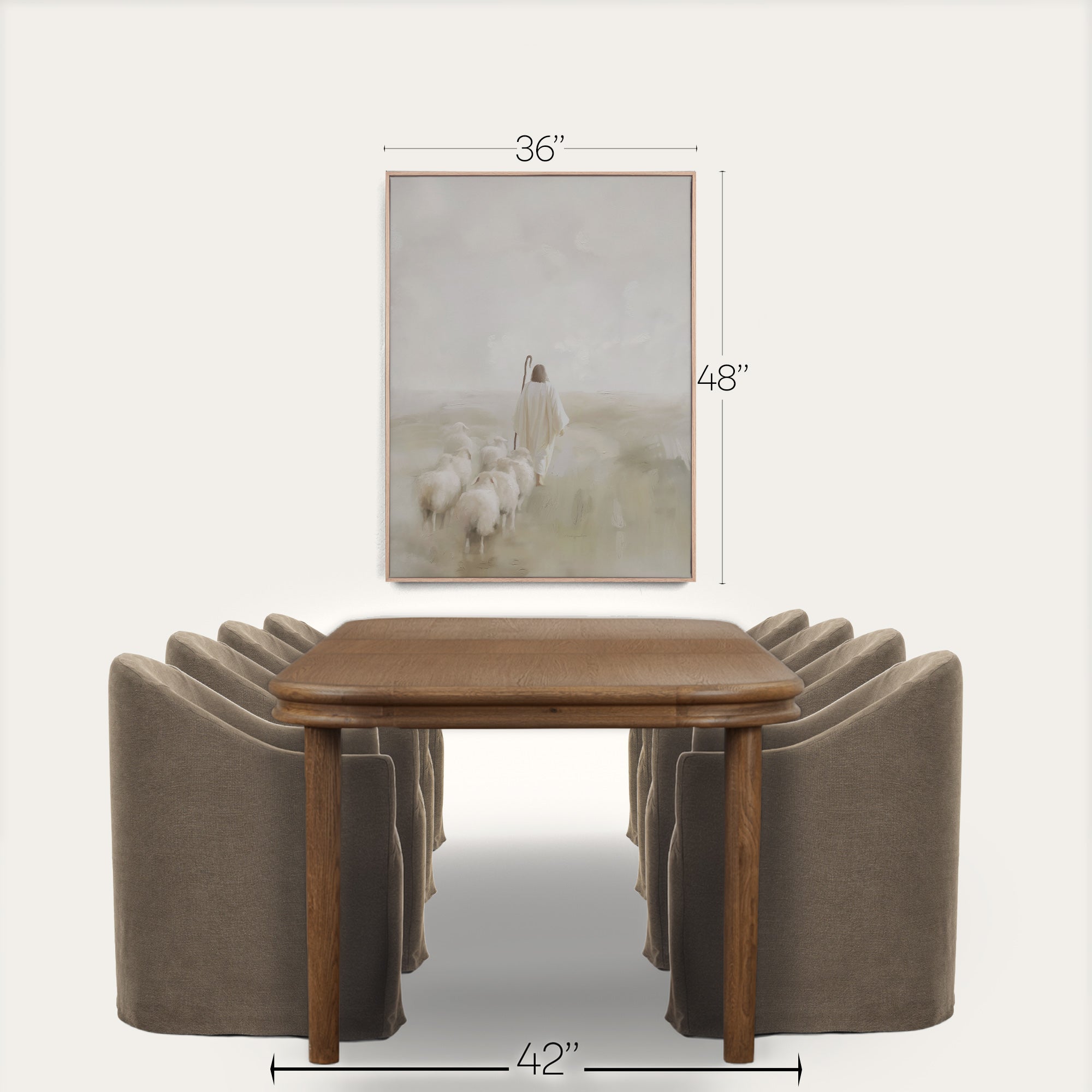 Dining table with chairs and a framed picture on a white background 