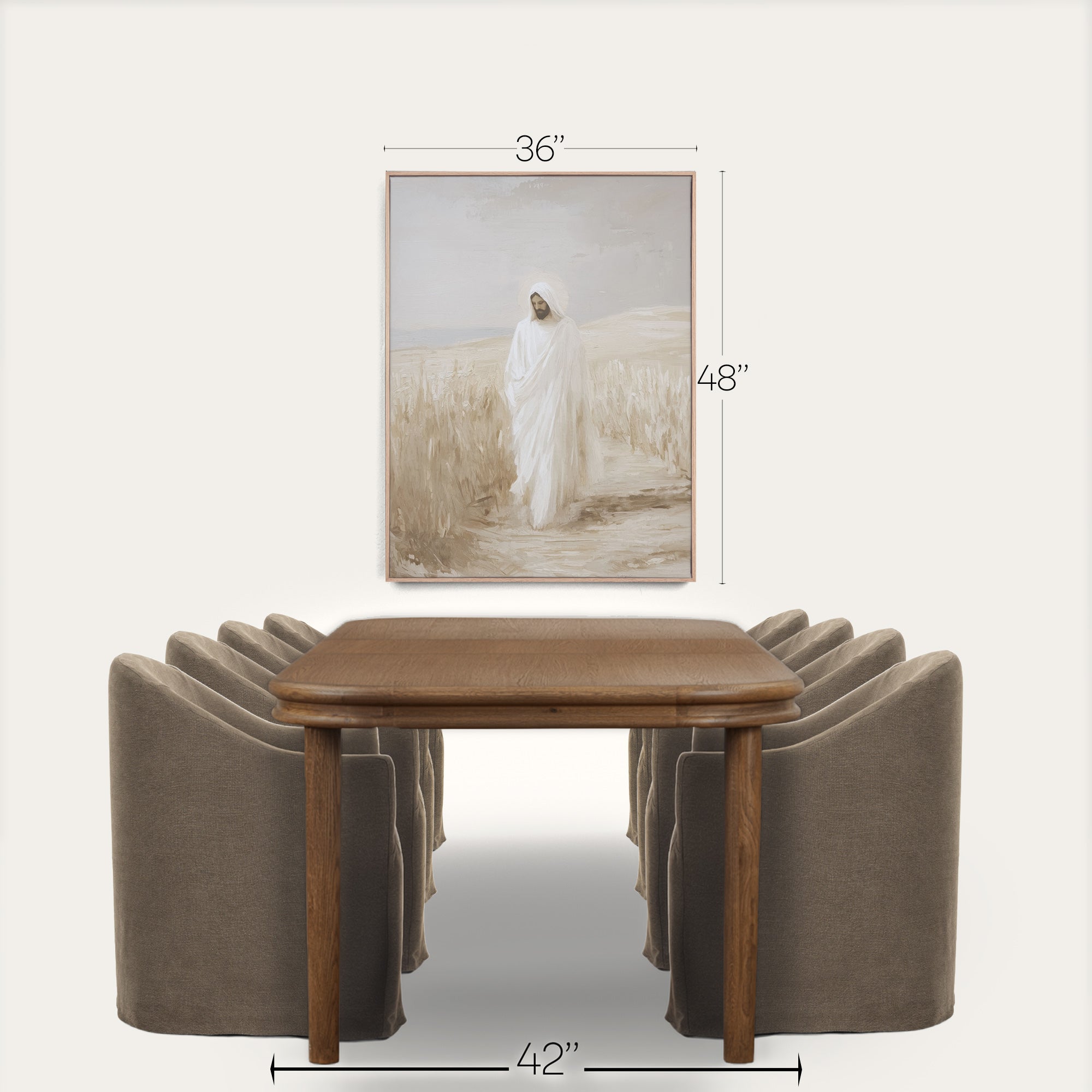 Dining table with chairs and a framed picture on the wall, with measurements indicated. 