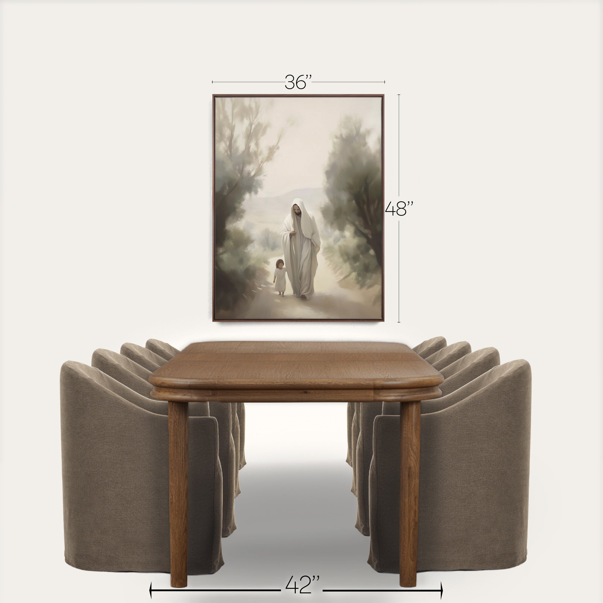 Dining table with chairs and a framed artwork on the wall, with measurements indicated. 