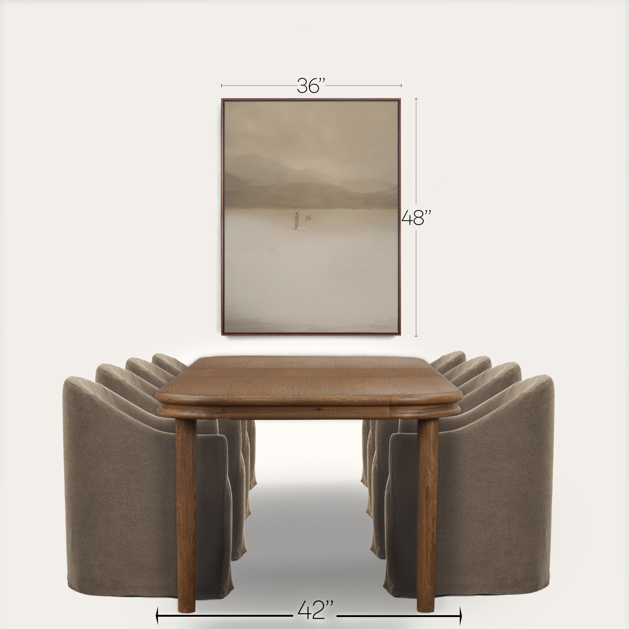 Dining table with chairs and dimensions labeled on a white background 