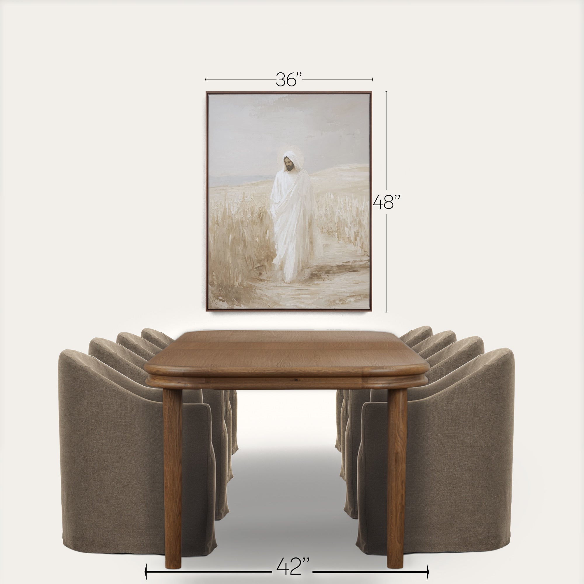 Dining room set with wooden table and gray chairs, featuring a framed picture above. 