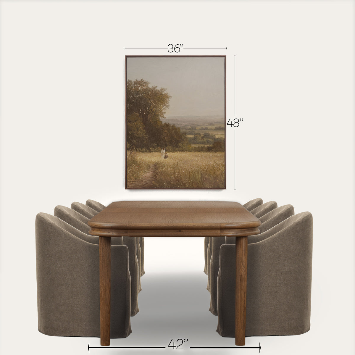 Dining table with chairs and a framed landscape picture on a white background 