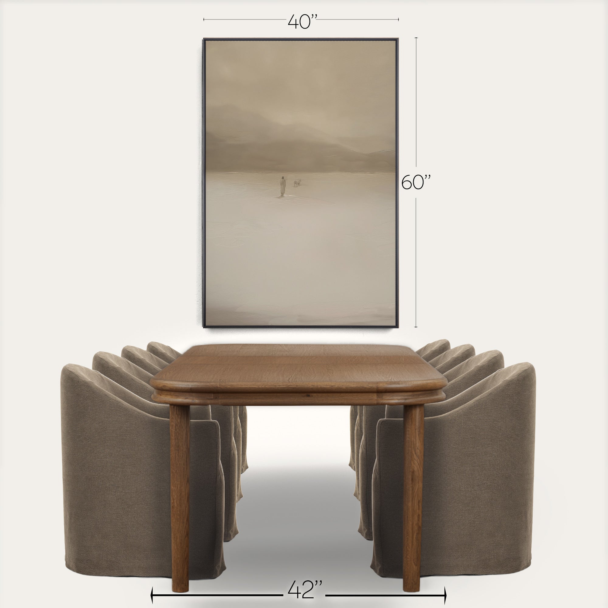 Wooden table with gray chairs and a framed picture on a white background 