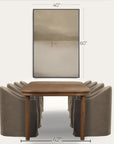 wooden table with gray chairs and a framed picture on a white background 