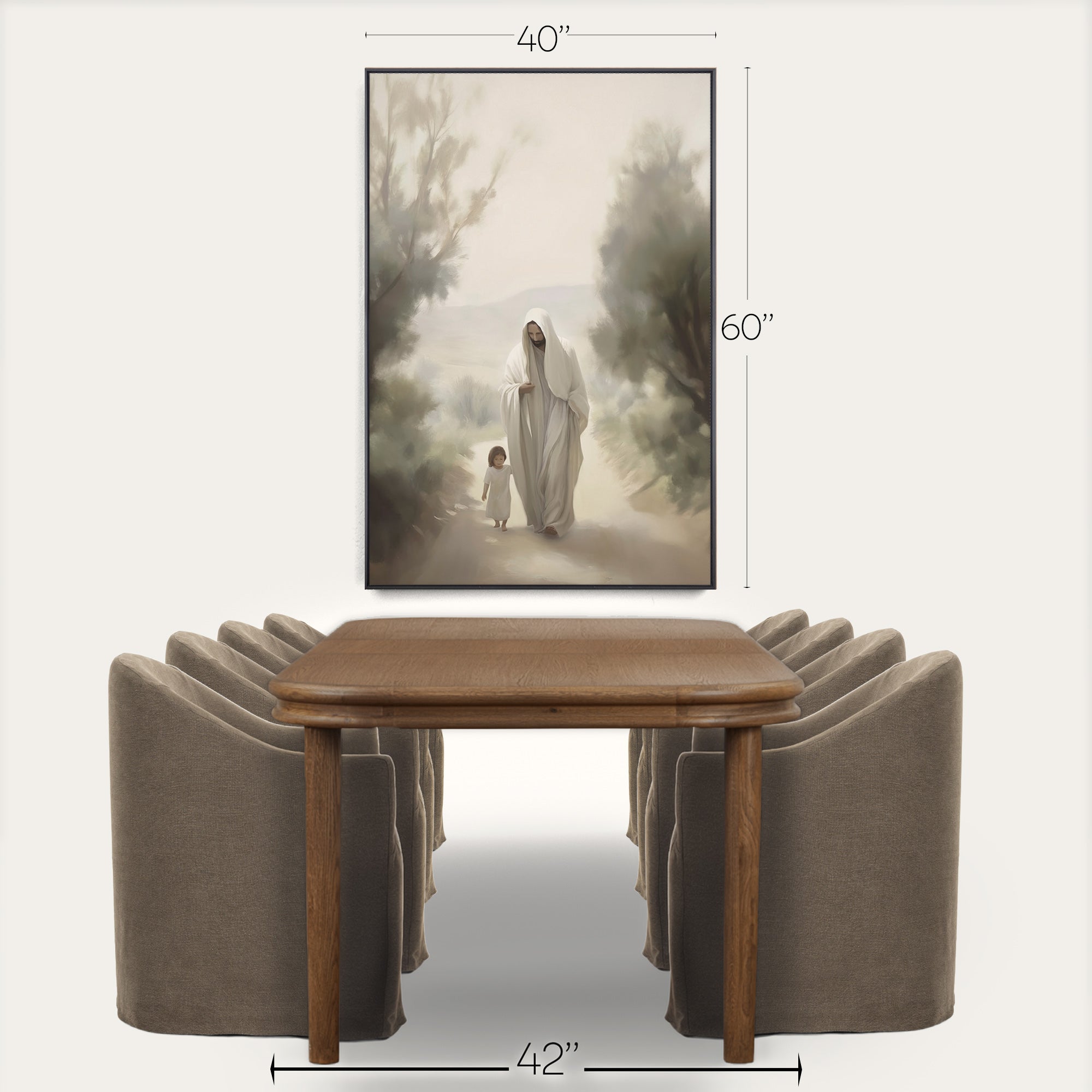 Framed artwork of a woman and child walking together above a wooden table with dimensions displayed. 