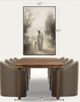 framed artwork of a woman and child walking together above a wooden table with dimensions displayed. 