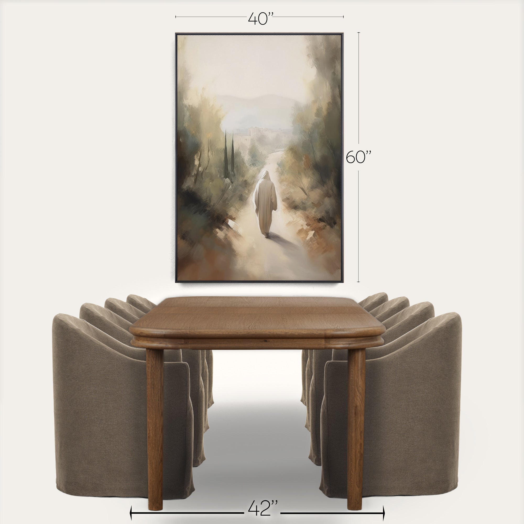 Wooden table with four gray chairs and a landscape painting above on a white background 