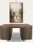 wooden table with four gray chairs and a landscape painting above on a white background 