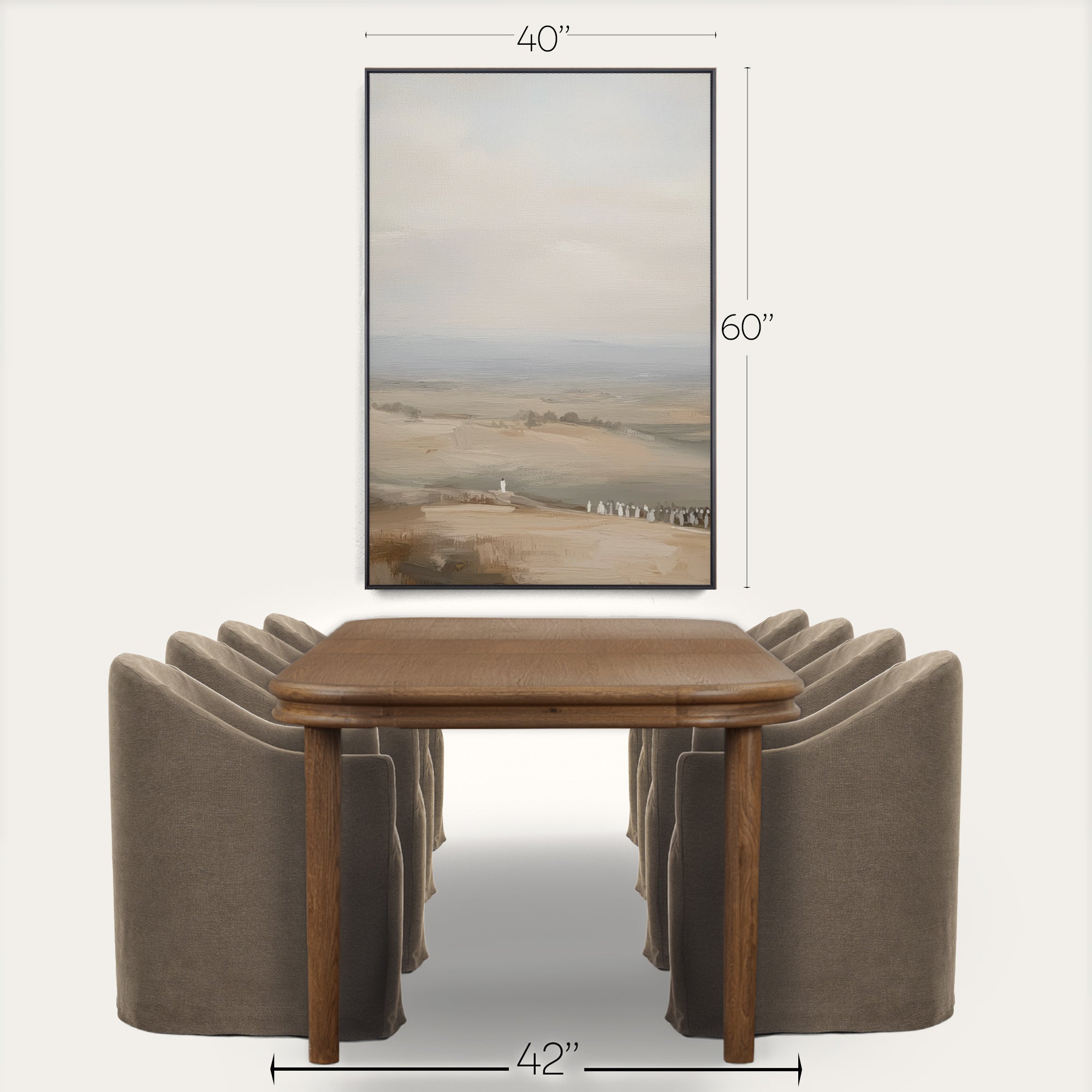 Dining table with chairs and a framed landscape painting, with dimensions displayed. 