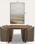 dining table with chairs and a framed landscape painting, with dimensions displayed. 