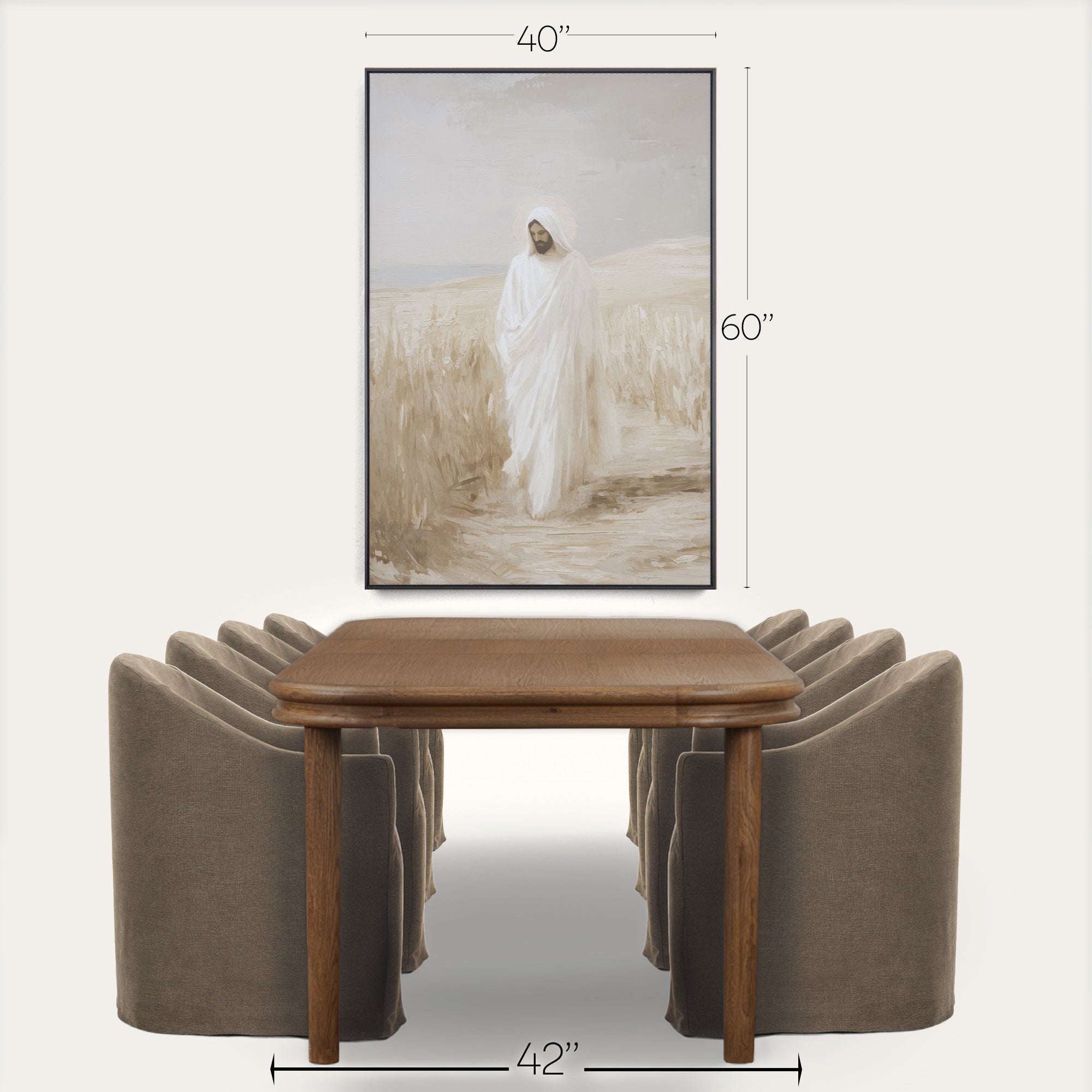 Wooden table with brown chairs and a painting in the background, with measurements indicated. 