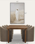 wooden table with brown chairs and a painting in the background, with measurements indicated. 