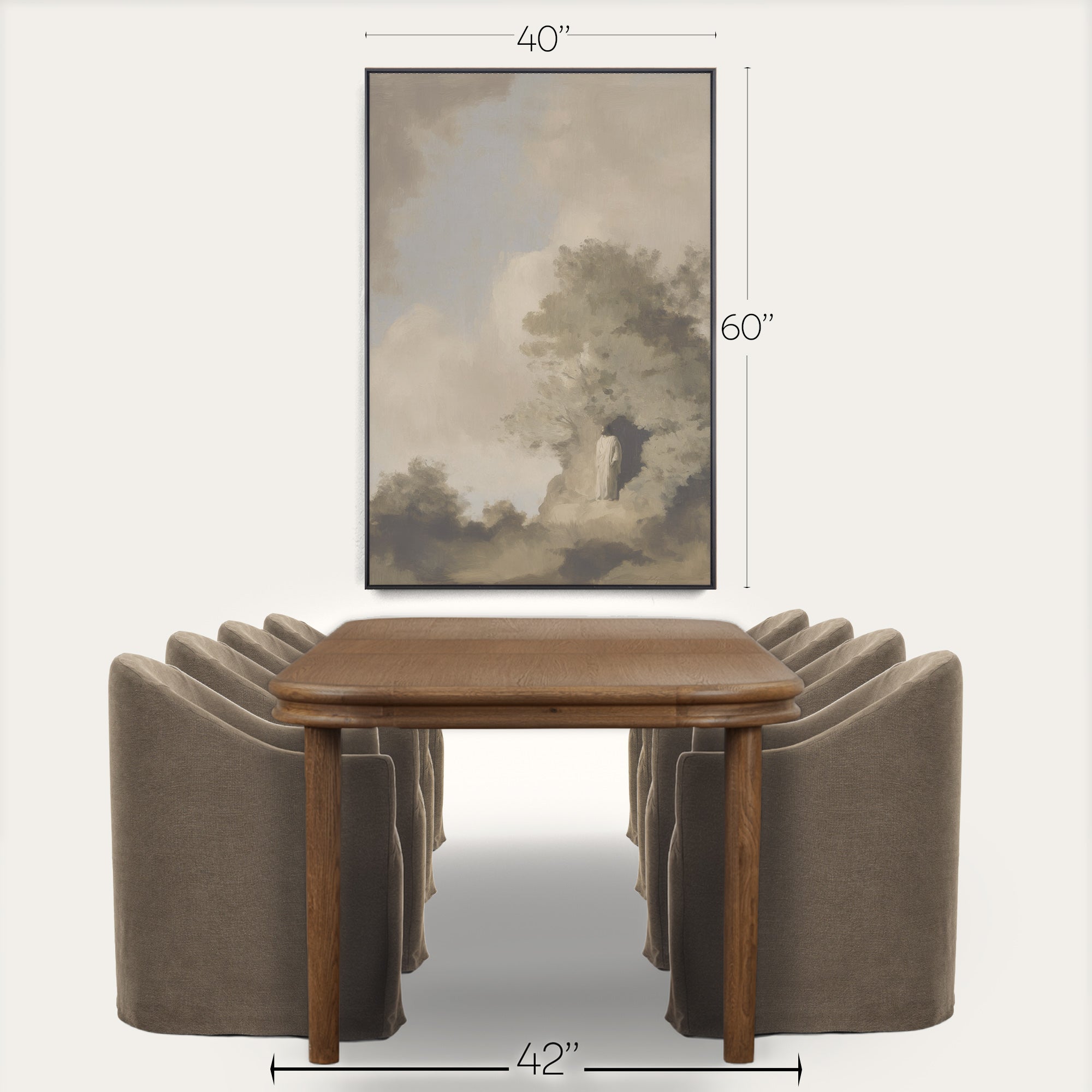 Brown wooden table with gray upholstered chairs and a landscape painting in the background, with measurements indicated. 