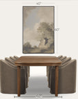 brown wooden table with gray upholstered chairs and a landscape painting in the background, with measurements indicated. 