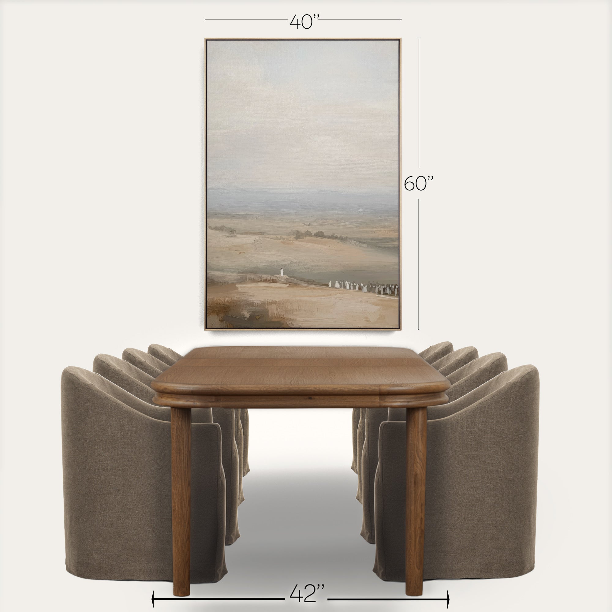 Wooden dining table with four gray chairs and a landscape painting above on a white background 