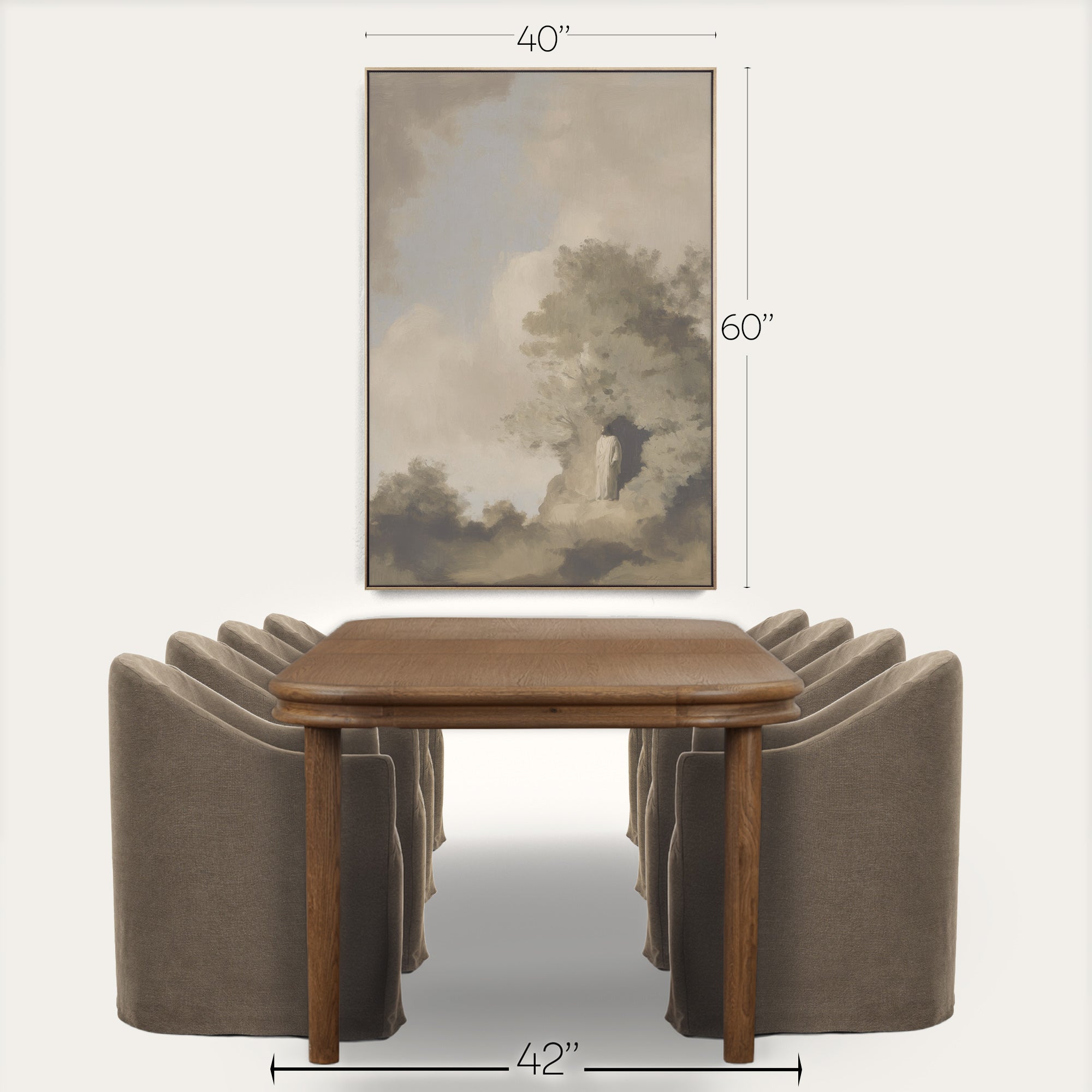 Brown wooden table with gray upholstered chairs and a landscape painting in the background, with measurements indicated. 