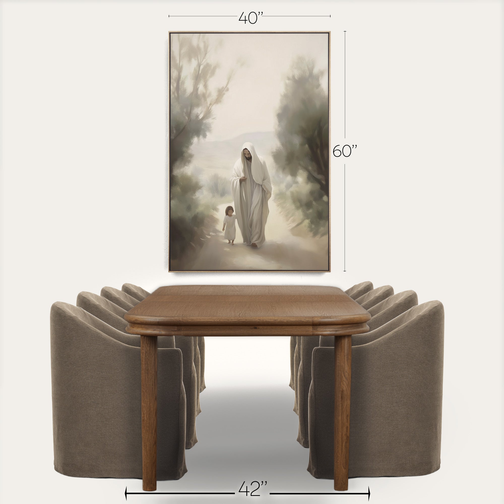 Framed artwork of a woman and child walking together, above a wooden table with dimensions displayed. 