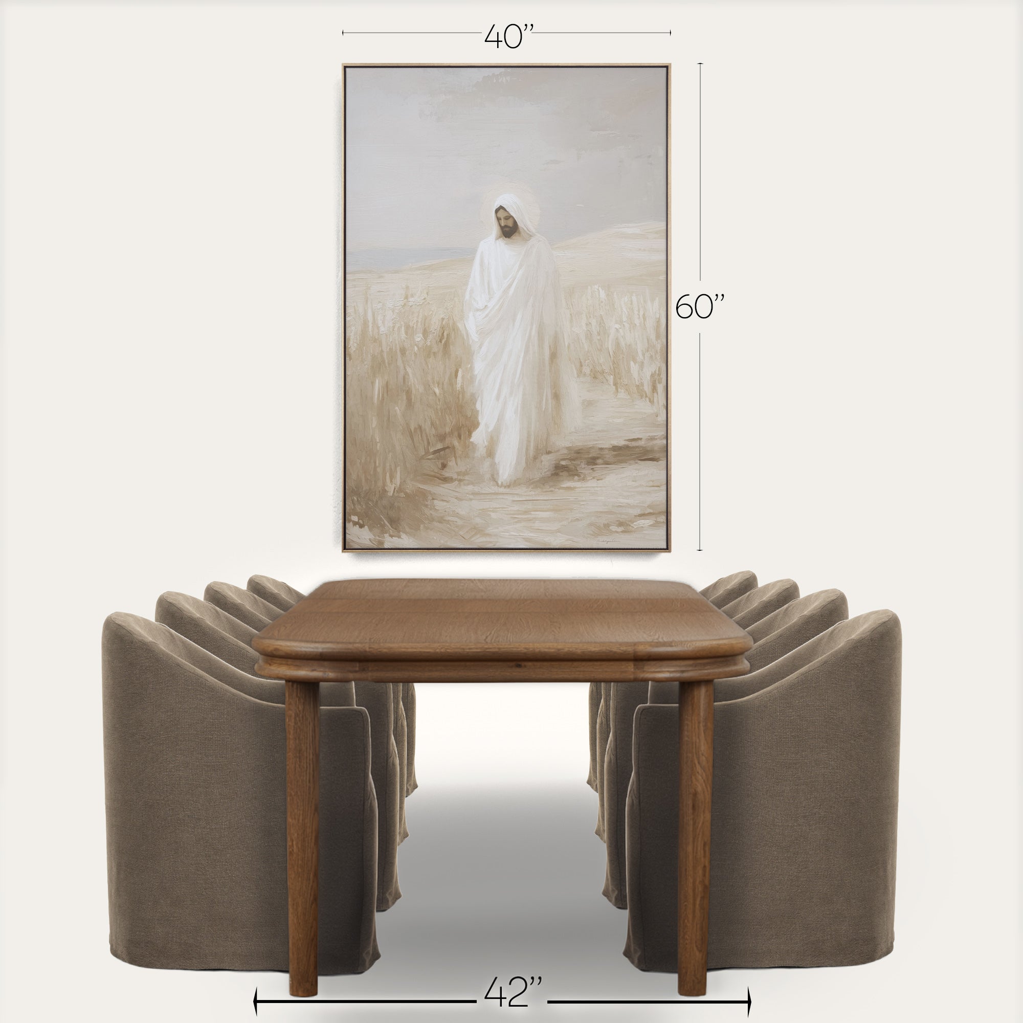 Wooden table with brown chairs and a painting in the background, with measurements indicated. 