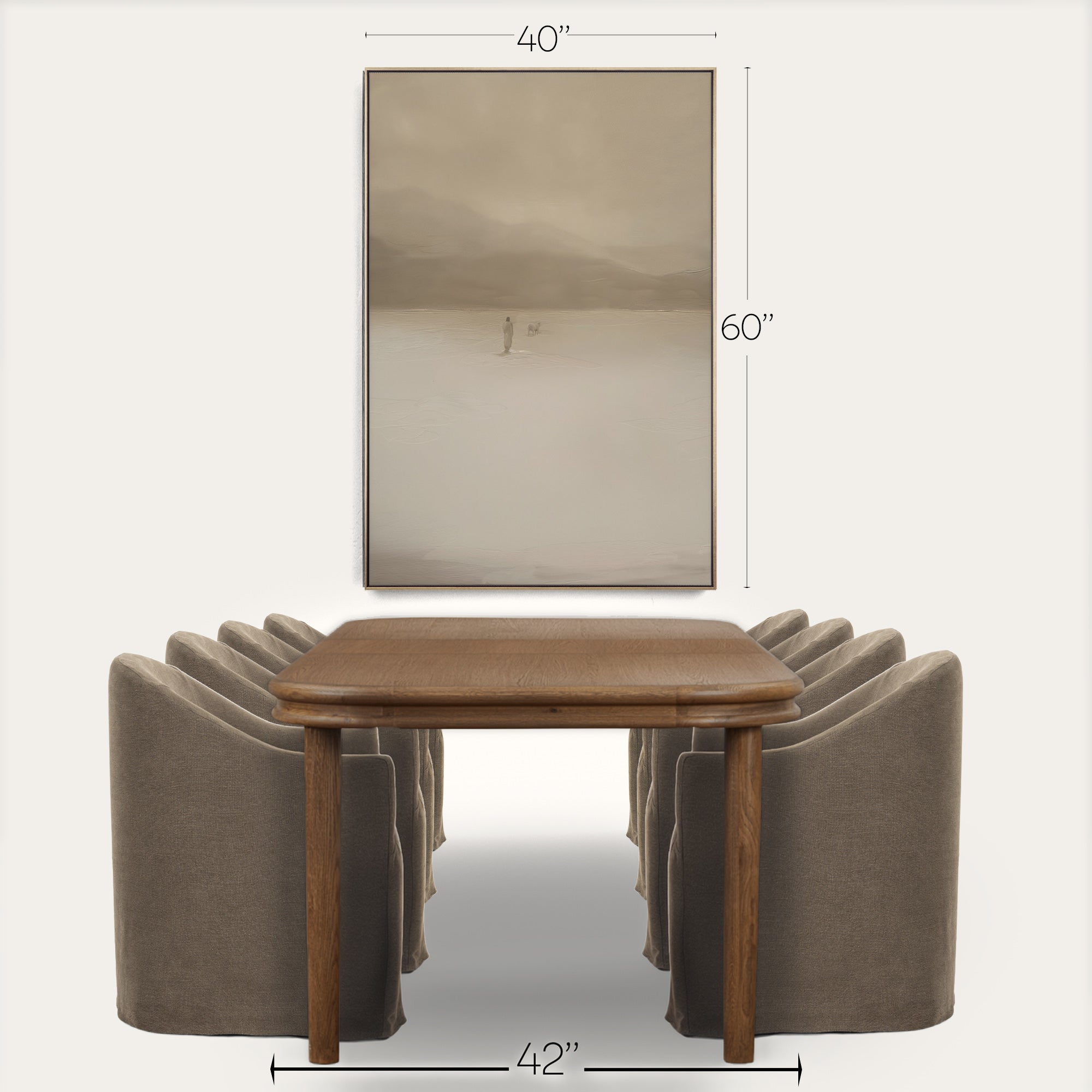 Dining table with chairs and a mirror with dimensions on a white background 