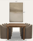 dining table with chairs and a mirror with dimensions on a white background 