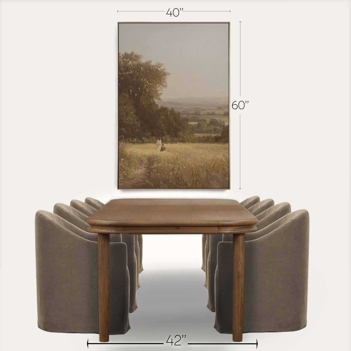 Dining table with chairs and a landscape painting above, with measurements indicated. 