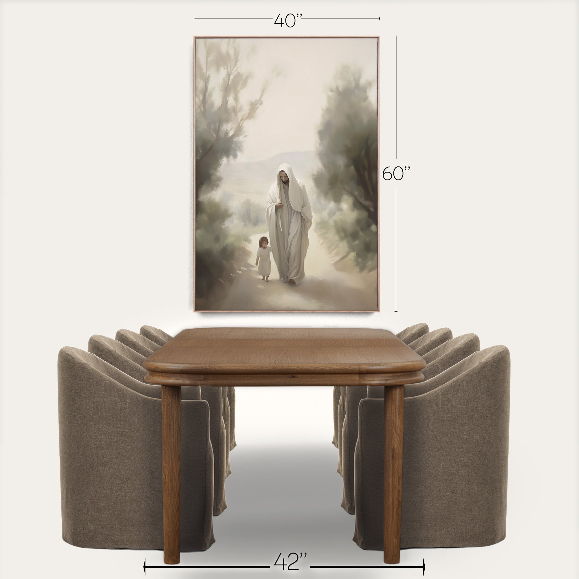 Brown wooden table with gray upholstered chairs and a framed artwork above on a white background. 